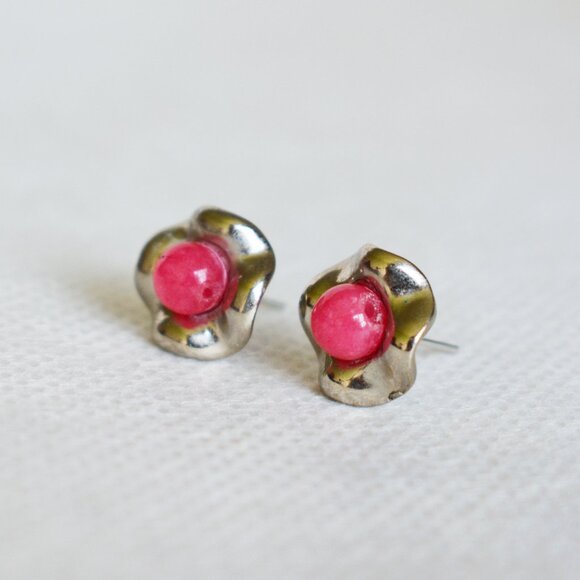 Handmade Pink and Silver Stud Earrings - Picture 4 of 7